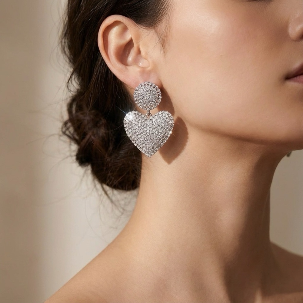 Large Silver Crystal Heart Statement Earrings